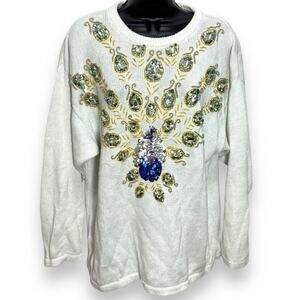 Victoria Harbour Women's L Ivory Beaded Peacock Vintage Winter Sweater Pullover